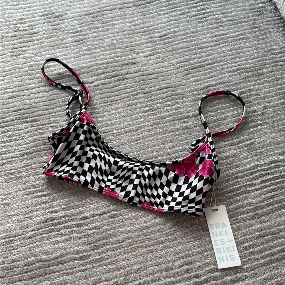 Frankie's Bikinis Black and Pink Floral Checkered Top